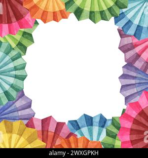 Square template frame with Mexican fiesta paper flower fans for Cinco de Mayo. Hand drawn colorful watercolor clipart. Design in geometrical form for Stock Photo