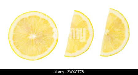 Top view set of yellow lemon half and slice or quarter is isolated on white background with clipping path. Stock Photo