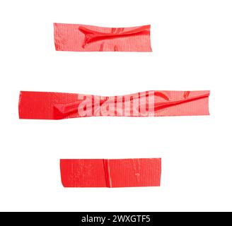 Top view set of wrinkled red adhesive vinyl tape or cloth tape in stripes shape is isolated on white background with clipping path. Stock Photo