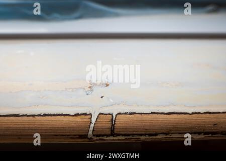 sanded wooden window board closeup during home renovation. Stock Photo