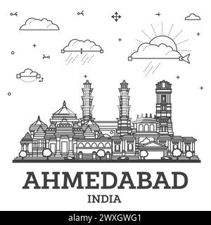 Outline Ahmedabad India City Skyline with Historic Buildings Isolated on White. Vector Illustration. Ahmedabad Cityscape with Landmarks. Stock Vector