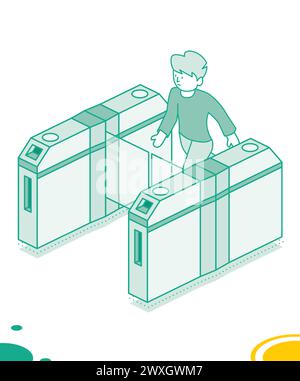 Isometric turnstile. Man passes through the turnstile. Subway station or airport security element. Entrance gates. Vector illustration. Access control Stock Vector