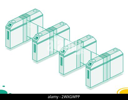 Isometric four turnstiles. Subway station or airport security element. Entrance gates. Vector illustration. Access control equipment. Stock Vector