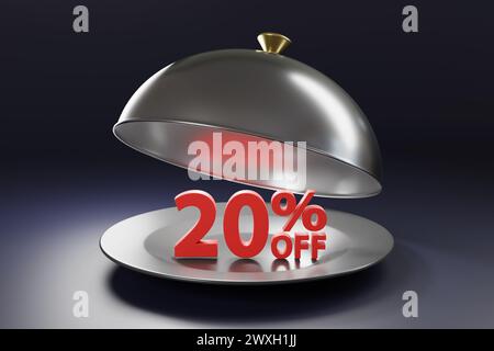 Red letters 20% oOFF on plate under open silver cloche in purple background. Illustration of the concept of big sale, product promotion and discounts Stock Photo