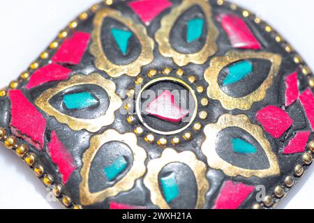 Colorful handmade jewelry on white background. Jewelry box with colored gems and pearls Stock Photo