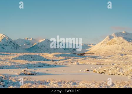 The Black Mount and Lochan na h-Achlaise covered in snow on a sunny day in the Scottish Highlands Stock Photo