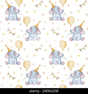 Hand-drawn watercolor pattern with kids elephant in cap with balloon Stock Photo