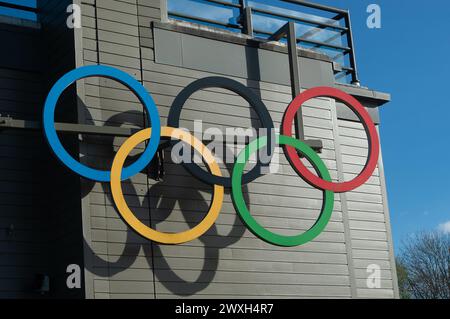Dorney, Buckinghamshire, UK. 30th March, 2024. It was a beautiful sunny day today at Dorney Lake in Buckinghamshire. Dorney Lake is used by Eton College boys for rowing but it also hosted the Olympics in 2012. Credit: Maureen McLean/Alamy Live News Stock Photo