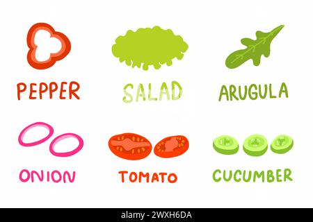 Set of vegetables ingredients for burger with names in cartoon flat style. Healthy food. Slices of pepper, salad, arugula, onion, tomato and cucumber. Stock Vector