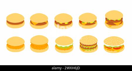 Collection of different burgers in cartoon flat style. Hamburger, cheeseburger, chicken burger, double cutlet, big burger. Vector icons isolated on wh Stock Vector
