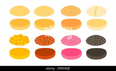 Burger buns collection in different colors. Simple, Bun with Sesame Seeds, Fried, Panini, Cheese, Rye, Pink and Dark. Vector illustrations in cartoon Stock Vector