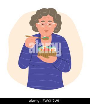 Elderly Woman Eating Salad for Healthy Eating Concept Illustration Stock Vector