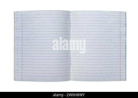 Open lined copybook with blank pages, perfect for customized content. Spread of blank lined notebook with red margins isolated on white. Stock Photo