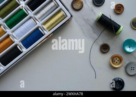 Sewing set on a white table Stock Photo