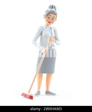 3d cartoon granny pushing a broom, illustration isolated on white background Stock Photo