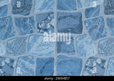 Blue Color Stone Mosaic Abstract Pattern Solid Rough Texture Floor Background Wall Top View. Stock Photo
