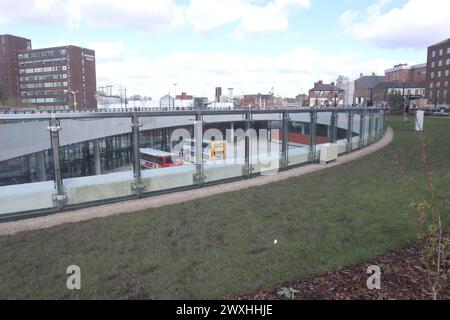 Stockport England UK 24th March 2024 Stockport City Centre new rooftop park built as part of the transport interchange. On the roof of the interchange building is a two-acre, landscaped 'podium park' featuring play equipment, festoon lighting, and a 'community space.' It is connected to the nearby train station via a walking and cycling route. The park & interchange opened to the public in March 2024 ©Ged Noonan/Alamy Stock Photo