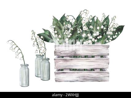 Watercolor set of illustration wooden white gray box with flower arrangement with white bouquets of lilies of the valley and lilac scilla. Hand drawn Stock Photo