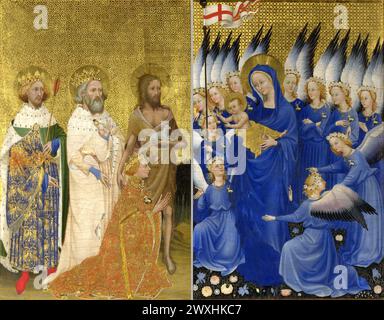 The Wilton Diptych, showing Richard venerating the Virgin and Child, accompanied by his patron saints: Edmund the Martyr, Edward the Confessor, and John the Baptist. The angels in the picture wear the White Hart badge. National Gallery, London. Stock Photo