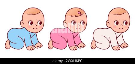 Cute cartoon crawling baby boy and girl in blue, pink and gender neutral onesie. Baby gender color drawing. Vector clip art illustration. Stock Vector