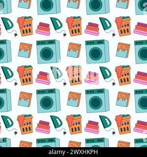 Seamless Pattern with Laundry Tools Elements. Washing machine, iron, washing powder, laundry basket, stack of clothes. Vector Flat illustration. Stock Vector