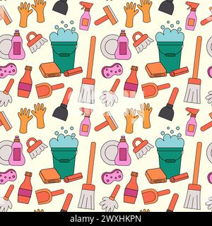 Seamless Pattern with Cleaning Tools Elements. Mop, dishwash, plunger, dustpan, brush, bucket of rags, sponge, rubber gloves. Vector Flat illustration Stock Vector