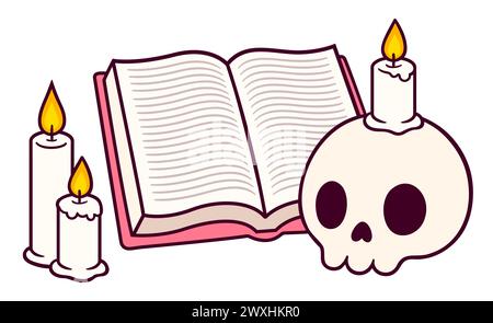 Cartoon book, candles and human skull. Simple hand drawn doodle, vector clip art illustration. Stock Vector