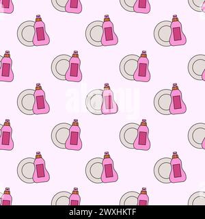 Seamless Pattern with Cleaning Tools Elements. Plate, washing up liquid. Dishwash in kitchen. Vector Flat illustration. Stock Vector