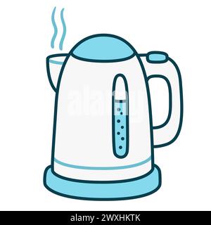 Electric kettle, simple cartoon drawing. White and blue doodle icon. Hand drawn vector illustration. Stock Vector