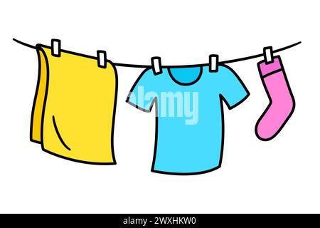 Clothes hanging to dry on washing line, simple doodle drawing. Bright cartoon laundry icon. Hand drawn vector illustration. Stock Vector