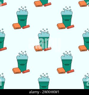 Seamless Pattern with Cleaning Tools Elements. Bucket of rags. Vector Flat illustration. Stock Vector