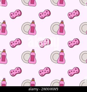 Seamless Pattern with Cleaning Tools Elements. Plate, washing up liquid and sponge. Dishwash in kitchen. Vector Flat illustration. Stock Vector
