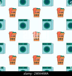 Seamless Pattern with Laundry Tools Elements. Washing machine, laundry basket with clothes. Vector Flat illustration. Stock Vector