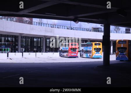 Stockport England UK 24th March 2024 Stockport City Centre bus station, part of a new transport interchange.   The interchange opened to the public in March 2024 ©Ged Noonan/Alamy Stock Photo