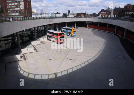 Stockport England UK 24th March 2024 Stockport City Centre bus station, part of a new transport interchange.   The interchange opened to the public in March 2024 ©Ged Noonan/Alamy Stock Photo