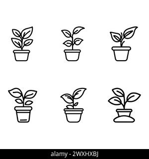 SIX POTTED PLANTS, UNCOLORED OUTLINED DRAWING Stock Vector