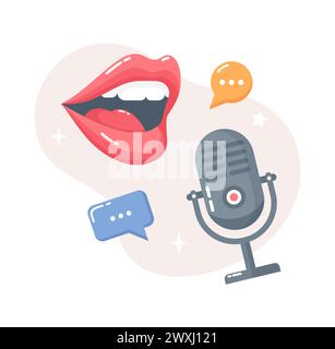 Talking female mouth, microphone and speech bubbles. Podcast concept. Flat vector illustration Stock Vector