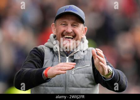 Sale Sharks co=owner Simon Orange salutes the fans after during the Gallagher Premiership match Sale Sharks vs Exeter Chiefs at Salford Community Stadium, Eccles, United Kingdom, 31st March 2024  (Photo by Steve Flynn/News Images) Stock Photo