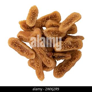 heap of dried figs fruit isolated on white background with clipping path, figs cut into pieces, top view Stock Photo