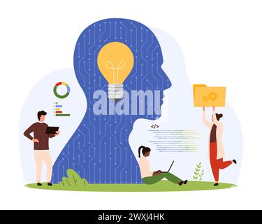 AI, machine learning, software development. Tiny people work with algorithms and codes, neural circuits and light bulb inside artificial brain in abstract human head cartoon vector illustration Stock Vector