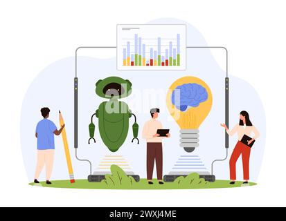 Digital data processing with AI. Tiny people work with virtual ...