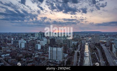 Aerial view, sunset over downtown Ottawa, Ontario, and Gatineau, Quebec, Canada Stock Photo