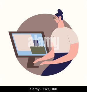 Comic woman work on computer.Programmer on remote work, distance E-learning or online training.Lady developer with glasses with monitor. Funky figures Stock Vector