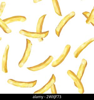 French fries. Seamless pattern with roasted potato chips in deep fat . Fry oil potatoes. Yellow sticks isolated on white background. Fastfood. Unhealt Stock Vector