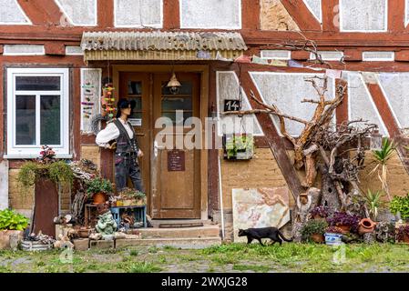 Old half-timbered house, entrance curiously decorated with mannequin in costume, carpenters' guild, traditional clothing, black cat, Nidda Stock Photo