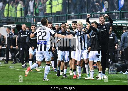 Athens, Lombardy, Greece. 31st Mar, 2024. 22 STEFAN SCHWAB of PAOK FC celebrating a goal during the Greek Super League, Play Offs, match between Panathinaikos FC and PAOK FC at Apostolos Nikolaidis Stadium, on March 31, 2024, in Athens, Greece (Credit Image: © Stefanos Kyriazis/ZUMA Press Wire) EDITORIAL USAGE ONLY! Not for Commercial USAGE! Stock Photo