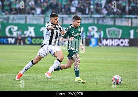 Athens, Lombardy, Greece. 31st Mar, 2024. 10 BERNARD of Panathinaikos FC is playing during the Greek Super League, Play Offs, match between Panathinaikos FC and PAOK FC at Apostolos Nikolaidis Stadium, on March 31, 2024, in Athens, Greece (Credit Image: © Stefanos Kyriazis/ZUMA Press Wire) EDITORIAL USAGE ONLY! Not for Commercial USAGE! Stock Photo