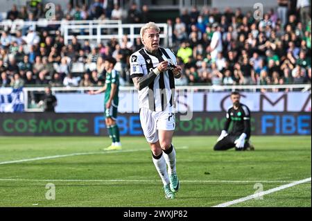 Athens, Lombardy, Greece. 31st Mar, 2024. 71 BRANDON THOMAS of PAOK FC celebrating a goal during the Greek Super League, Play Offs, match between Panathinaikos FC and PAOK FC at Apostolos Nikolaidis Stadium, on March 31, 2024, in Athens, Greece (Credit Image: © Stefanos Kyriazis/ZUMA Press Wire) EDITORIAL USAGE ONLY! Not for Commercial USAGE! Stock Photo