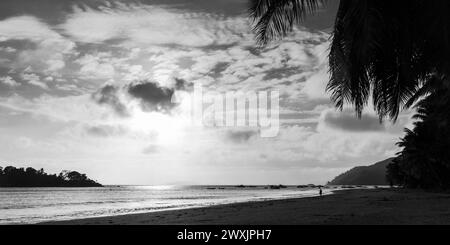 Panoramic coastal view with wet sand under sunset sky. Black and white photo. Cote D'Or Beach landscape, Praslin island, Seychelles Stock Photo