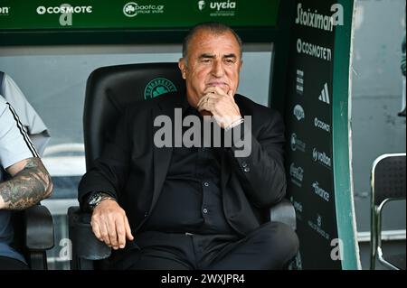 Athens, Lombardy, Greece. 31st Mar, 2024. Head Coach FATIH TERIM of Panathinaikos FC during the Greek Super League, Play Offs, match between Panathinaikos FC and PAOK FC at Apostolos Nikolaidis Stadium, on March 31, 2024, in Athens, Greece (Credit Image: © Stefanos Kyriazis/ZUMA Press Wire) EDITORIAL USAGE ONLY! Not for Commercial USAGE! Stock Photo